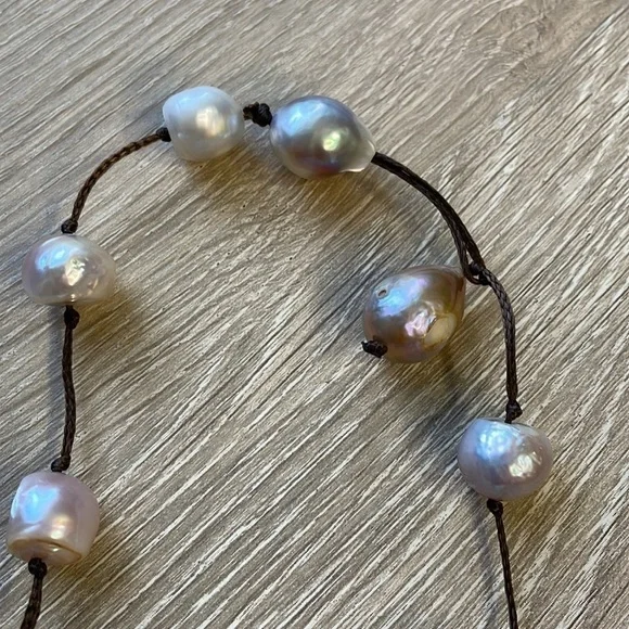 Leather & Man Made Pearl Necklace - Picture 3 of 6